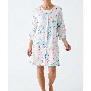 MISS ELAINE SHORT SNAP BUTTON COTTON ROBE L WATERCOLOR LEAVES POCKETS SPRING $72